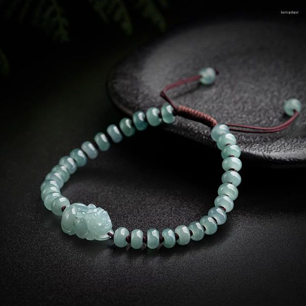 Strand de alta qualidade natural a-grade jadeite semente água azul pixiu pulseira mão tecido zhaocai jade piqiu estilo feminino