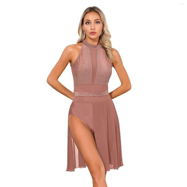 Bühnenkleidung Damen Lyrical Dance Leotard Kleid Ärmellos Strass Sheer Mesh Eiskunstlauf Dancewear Ballett Gymnastik Performance Kostüm