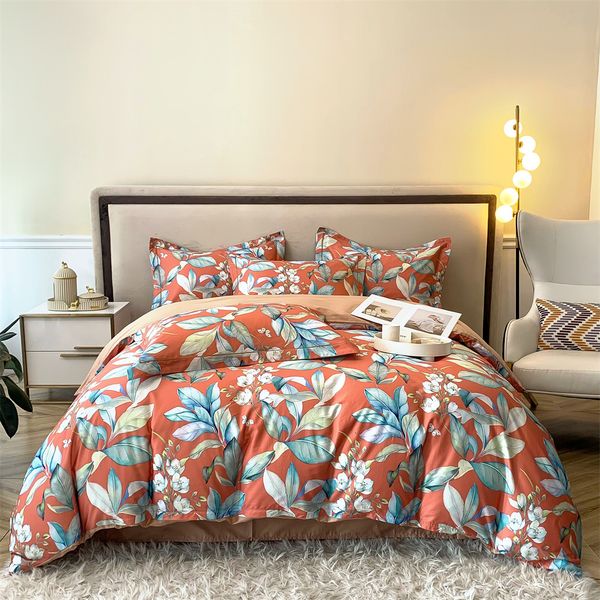 Set di biancheria da letto Svetanya Orange Pastoral Flowers Leaves Set di biancheria da letto in cotone egiziano nordico Lenzuola Queen King Size Set copripiumino Lenzuolo con angoli 230909