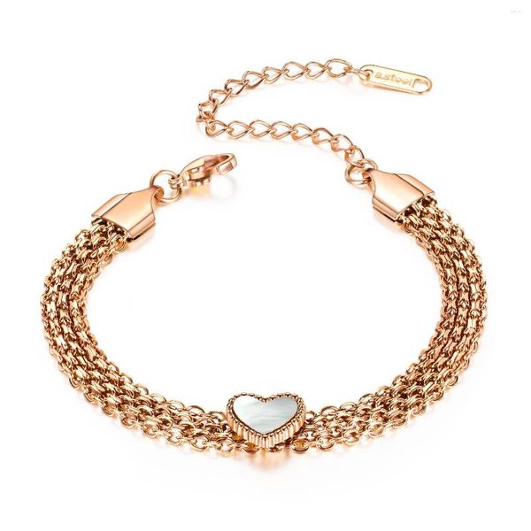 Link pulseiras na moda rosa banhado a ouro aço inoxidável coração pulseira multicamadas corrente titânio senhora amor