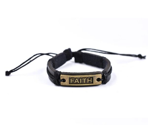 Bracciale con lettera di fede in pelle nera da uomo vintage con perline, braccialetto con corda intrecciata, regolabile, con rivestimento in cera, braccialetti di carta, consegna a goccia Otx4O