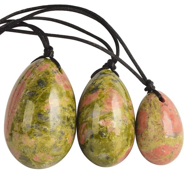 Yoni ovos perfurados naturais unakite jade ovo 3 peças para massagem bolas vaginais exercício de piso pélvico esfera de cristal cuidados de saúde stone312l
