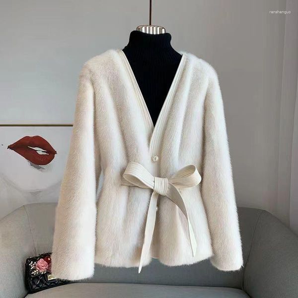 Pele feminina 2023 inverno artificial vison cabelo casaco feminino imitação fino ajuste outwear moda com decote em v cor sólida jaqueta de luxo