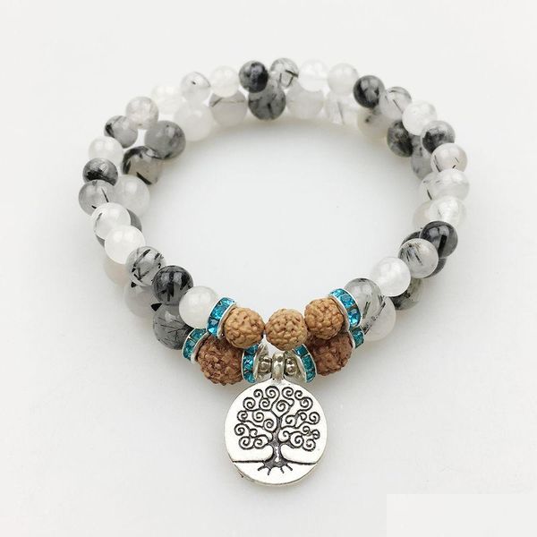 Perlen Sn1175 Baum des Lebens Armband handgemachte schwarze Rutilquarz Rudraksha Set spirituelle Meditation Schmuck Großhandel Dro Dhgarden Dhfhj