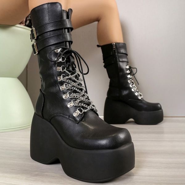 Bota y plataforma joelho alto botas punk outono corrente de metal preto motocicleta mulher cunhas de fundo grosso sapatos góticos 230911