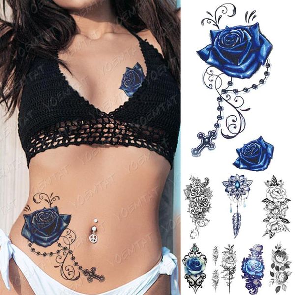 Su geçirmez geçici dövme çıkartması mavi gül şakayık çiçekleri flaş dövmeler çapraz tespih vücut sanat kolu sahte kılıf patoo kadınlar Men2115