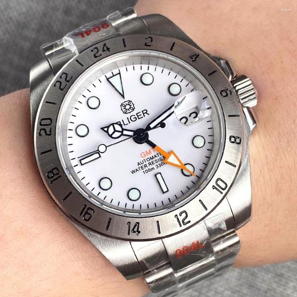 Relógios de pulso 39mm NH34A GMT Função Branco Sterie Dial Sapphire Vidro Automático Relógios Masculinos Fixos 24 Horas Moldura Data Luminosa