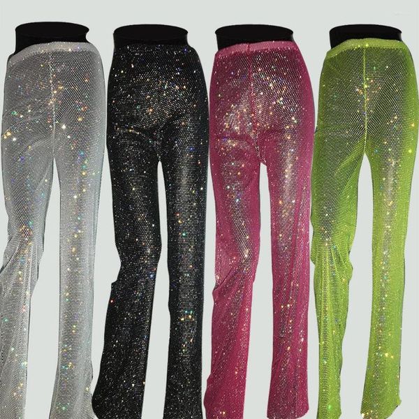 Kadın Pantolon Rhinestones elmas seksi, iç içe boş geniş bacaktan gör