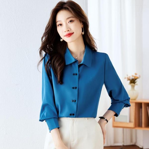 Женские блузки, классические двубортные однотонные женские рубашки, осенние шифоновые рубашки с длинными рукавами, корейские японские офисные женские базовые топы