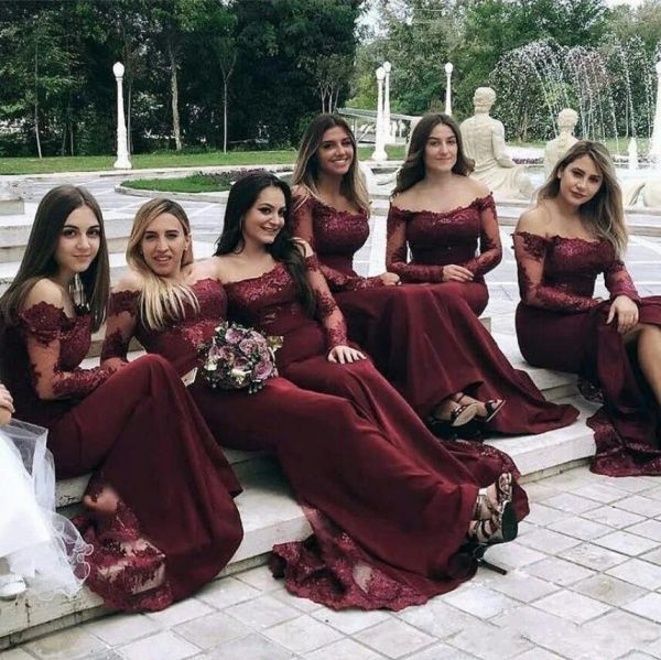 Borgonha vestidos de dama de honra sereia trem de varredura mangas compridas rendas applique frisado praia plus size vestidos de convidado de casamento feito sob encomenda formal noite desgaste