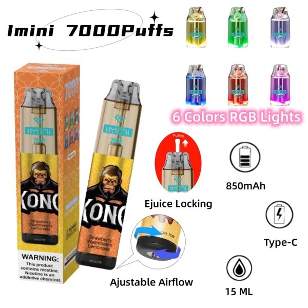 Shenzhen Fabrikası Tek Kullanımlık Vape 15ml Büyük Kapasiteli IMINI 7000 9000 POFS Tek Kullanımlık Vaperler Pod 2% 5 Yanıp Sönen RGB Tank Tasarım 850mAh Typ