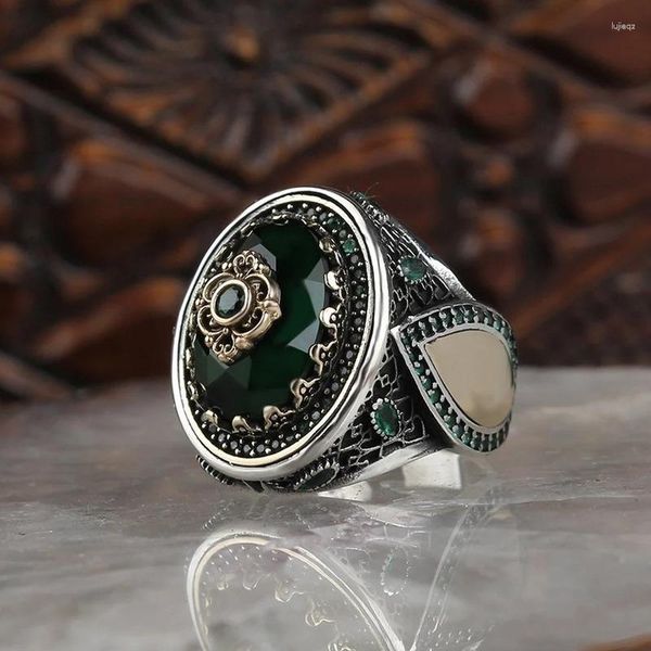 Fedi nuziali Anello con sigillo turco con motivo vintage inciso a mano per uomo Set di moda Gioielli musulmani islamici in pietra verde