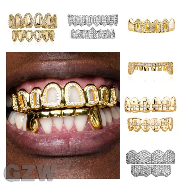 Bling CZ Zircon Dentes de Vampiro Fang Grillz 18K Ouro Real Punk Hiphop Full Diamond Grills Suspensórios Tampa de Dente Rapper Joias Corporais para Cosplay Halloween Costume Party Gifts