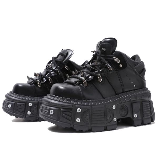 Botas estilo punk mulheres sapatos laceup altura de salto 6cm plataforma mulher gótico tornozelo rock metal decoração sneakers 230911