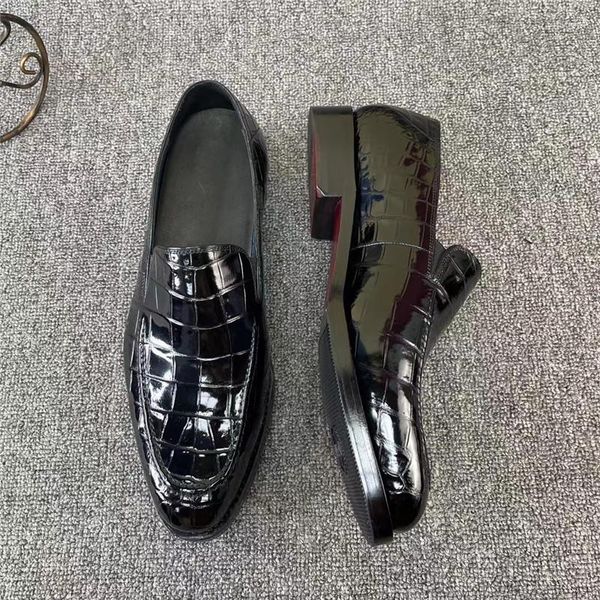 Sapatos de vestido autêntico crocodilo barriga pele clássico cor preta homens genuíno couro de jacaré mão costurado masculino deslizamento-em mocassins