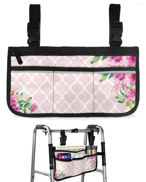 Sacos de armazenamento Primavera Flor Rosa Marroquino Saco de Cadeira de Rodas com Bolsos Braço Lateral Scooter Elétrico Andando Quadro Bolsa