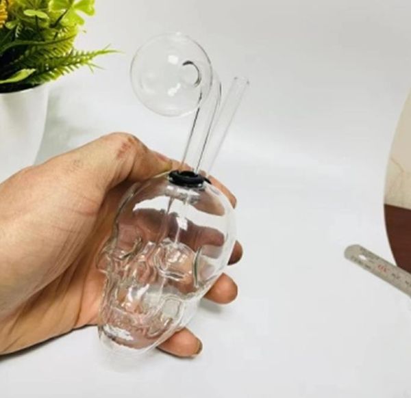 Mini bruciatore a olio in vetro Bong testa di teschio Narghilè Tubi per acqua portatile Pyrex spesso trasparente inebriante Recycler Dab Rig Bong a mano