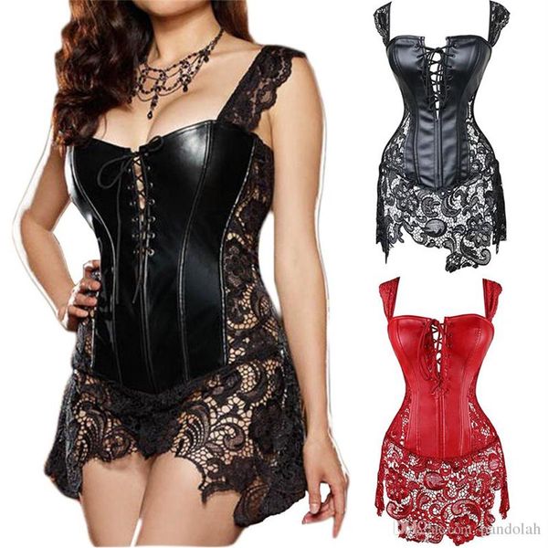 2017 Frauen Kunstleder Burlesque Plus Size Taillentraining Korsett Venedig Spitzenkleid Vollbrust Gute Qualität Steampunk Clothing254a