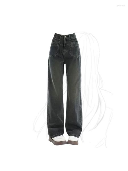 Calças de brim femininas vintage 90s estéticas calças jeans coreano 2000s y2k streetwear harajuku cintura alta perna larga calças de cowboy roupas