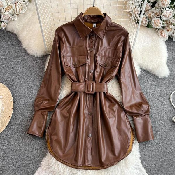 Pano de couro feminino vintage pu jaqueta bolso manga longa cinto casaco faixas outwear causal topos mujer ca835