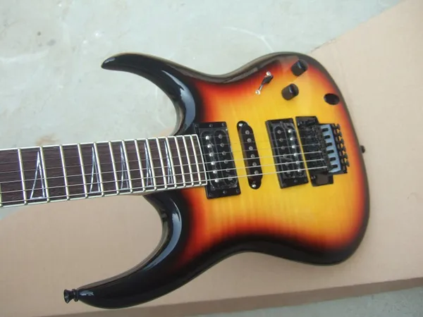 Vai RG 3 Tone Sunburst Flame Maple Top Chitarra elettrica Ponte Tremolo Hardware nero Pickup HSH Shark Fin Inlay