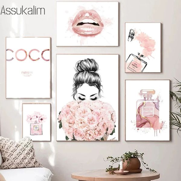 Blume Leinwand Malerei Lippen Kunstdrucke Parfüm Flasche Malerei Poster Make-Up Mode Druck Bilder Nordic Poster Schlafzimmer Dekor L01