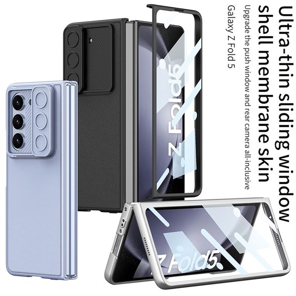 Custodia protettiva per schermo Vogue di lusso con finestra a spinta Custodia per telefono Vogue per Samsung Galaxy Z Folding Fold5 5G Resistente ultra sottile Protezione completa Morbida membrana in pelle solida Fold Shell