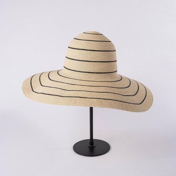 Cappelli a tesa larga pieghevoli da spiaggia per sole, fatti a mano, in paglia a righe nere, per matrimoni estivi, da donna, floppy party eleganti