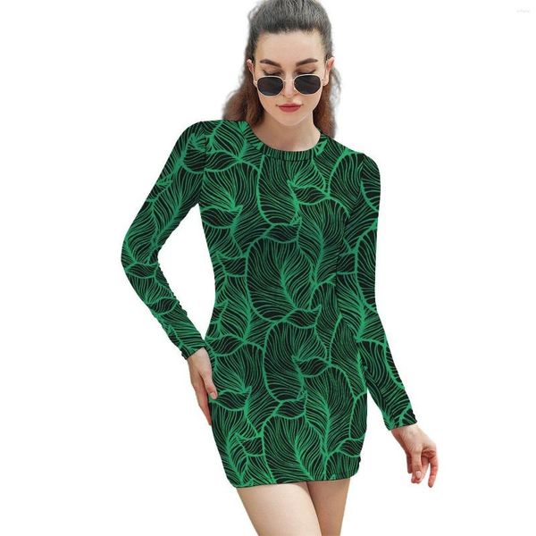 Vestidos casuais tropical impressão bodycon vestido mulheres folhas verdes kawaii primavera manga longa coreano moda gráfico tamanho grande