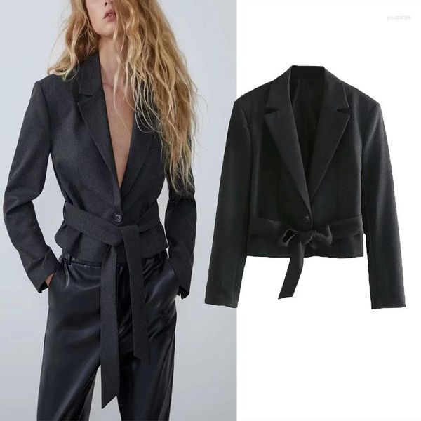 Abiti da donna Blazer con cintura per donna 2023 Moda risvolto manica lunga Crop giacche Casual nero blazer a bottone singolo Capispalla donna slim