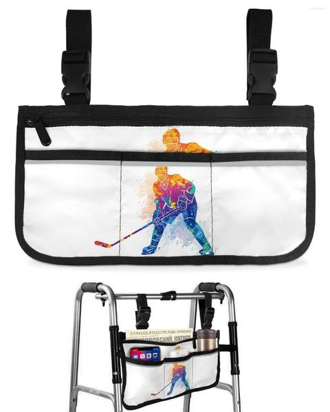 Sacos de armazenamento Watercolor Sport Hockey Player Bolsa de cadeira de rodas com bolsos Apoio de braço Side Scooter elétrico Bolsa de quadro de caminhada