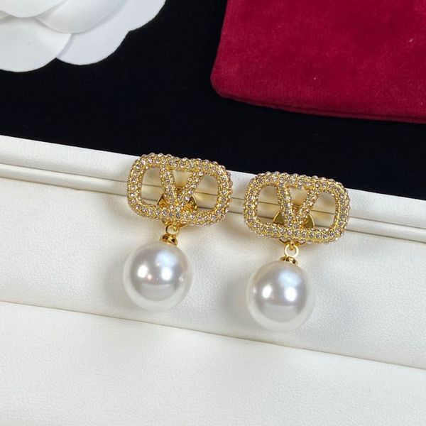 Cor de ouro feminino designer brincos branco pérola luxo cheio diamantes na moda cobre noivado brinco atacado