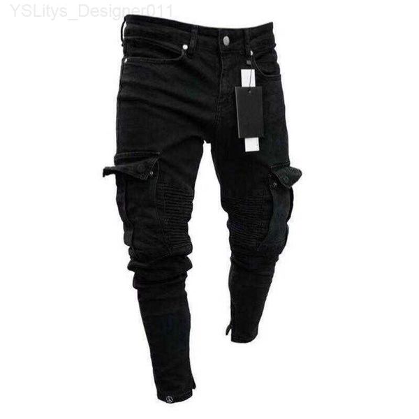 Мужские джинсы мужские дизайнерские джинсы скинни Black Man Denim Jean Biker Destroyed Frayed Slim Fit Pocket Cargo Pants Plus Size S-3XL Fashion L230911