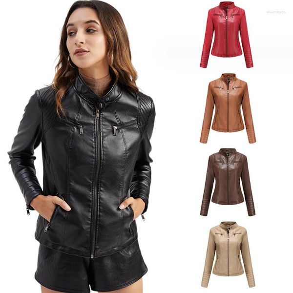 Jaquetas femininas moda mulheres jaqueta de couro falso outono inverno manga longa plus size senhoras sólida zíper biker casaco feminino casual outwear