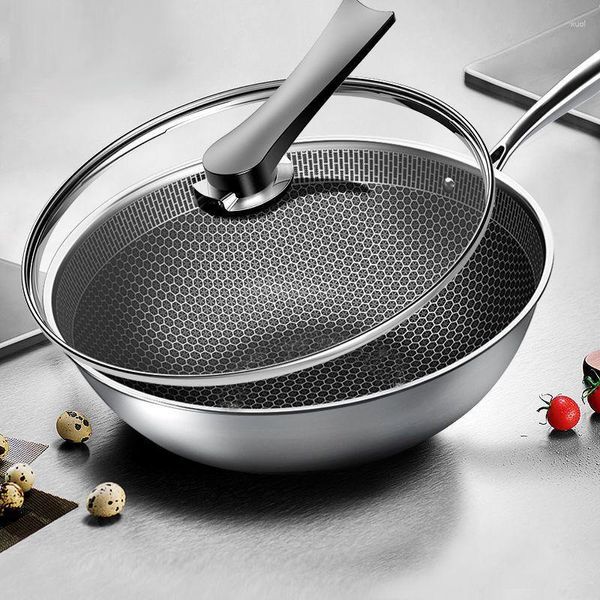 Pentole Padella antiaderente in acciaio inossidabile 410 Wok cellulare a schermo intero con coperchio in vetro Cottura universale da cucina