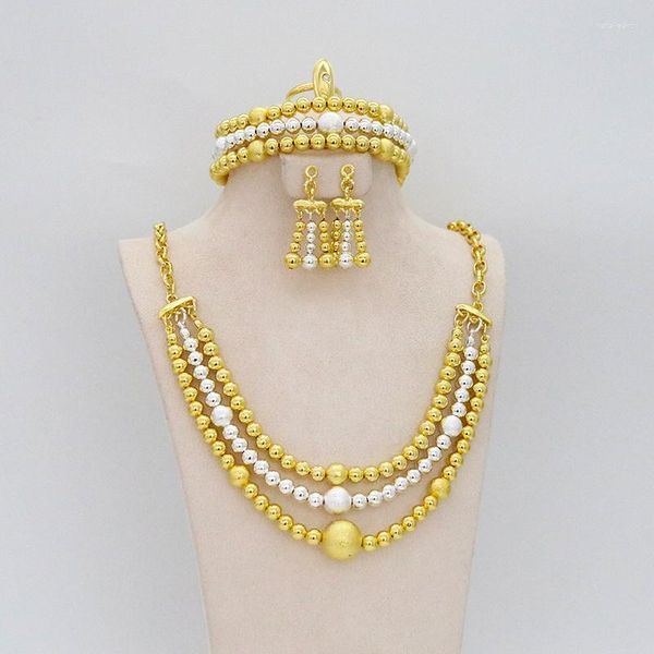 Halskette-Ohrringe-Set mit zweifarbigen Perlen, äthiopischer Brautschmuck, reines afrikanisches Gold, Hochzeits-Halsketten-Stile