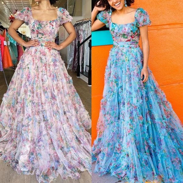 Vestido de baile floral com estampa de tule 2k24, mangas curtas, corpete embelezado, linha A, concurso feminino, evento formal, festa, pista, gravata preta, gala, marmelo, azul claro