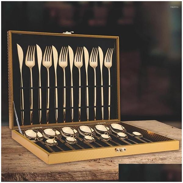 Geschirr Sets 16/24 stücke Goldene Set Edelstahl Metall Geschirr Messer Gabel Löffel Western Home Küche Besteck Geschenk box Drop Delive Dhd87