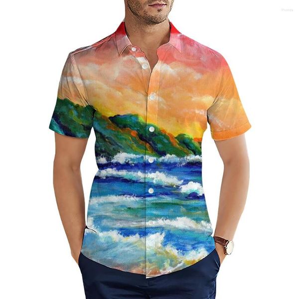 Camisas casuais masculinas HX Moda Hawaii Crepúsculo Ondas 3D Impresso para Homens Verão Manga Curta Tops Camisas Drop