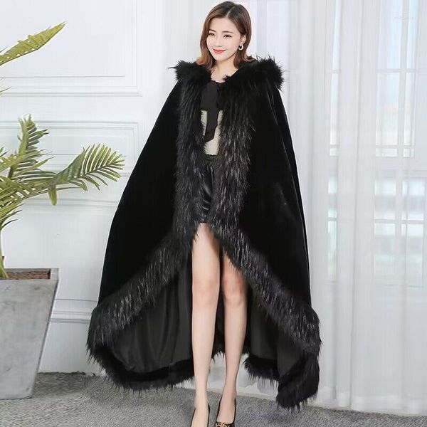 Casaco de pele falsa de inverno feminino, capa preta com capuz, vintage, longo, solto, grande, com acabamento, grosso, quente