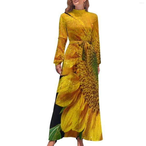 Vestidos casuais amarelo flor vestido de cintura alta flor girassol design bohemia manga longa estética maxi kawaii vestidos