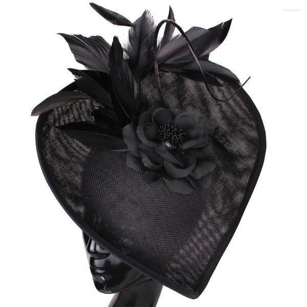 Berets Mulheres Elegantes Preto Cocktail Fascinators Headband Senhoras Formal Fress Grande Headpiece Fantasia Pena Festa Acessórios de Cabelo