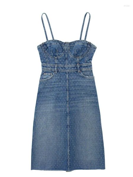 Casual Kleider BlingBlingee 2023 Sommer Frauen Denim Kleid Schatz Hals Flüsse Ärmellose Spaghetti-trägern Backless Weibliche Mini