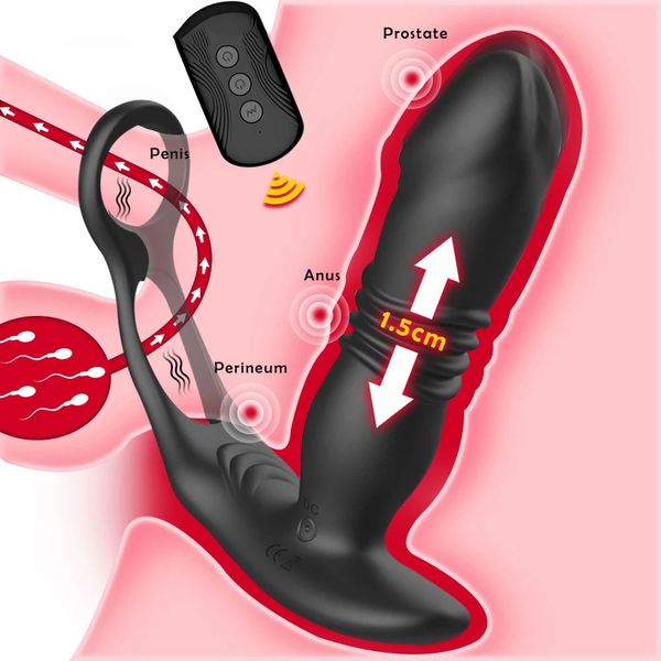 Brinquedos adultos 10 Velocidade Masculino Massagem de Próstata Vibrador Telescópico Anel Duplo Plug Anal Atraso Ejaculação Masturbador Sexo para Homens 230911