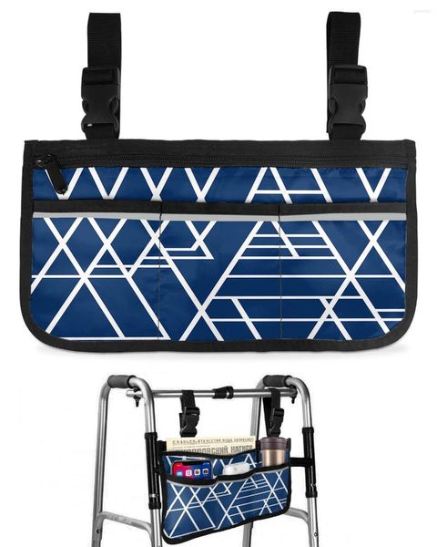 Aufbewahrungstaschen, geometrische Textur, blaue Rollstuhltasche mit Taschen, Armlehnenseite, Elektroroller-Gehrahmentasche