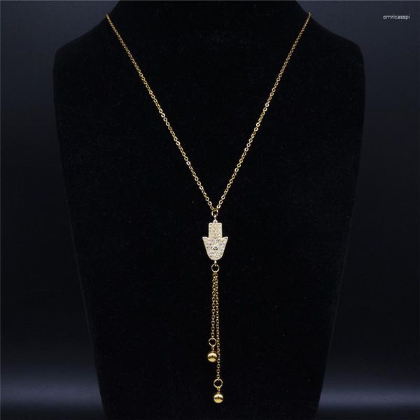 Collane con ciondolo Mano di Hamsa Rame Acciaio inossidabile Donne lunghe Colore oro Nappa Pendenti Gioielli Collares Largos N55S07