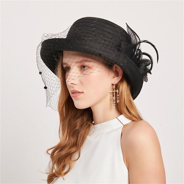 Cappelli a tesa larga 2023 Banchetto Party Curling Cappello a cilindro in rete Moda donna Parasole per esterno Protezione solare