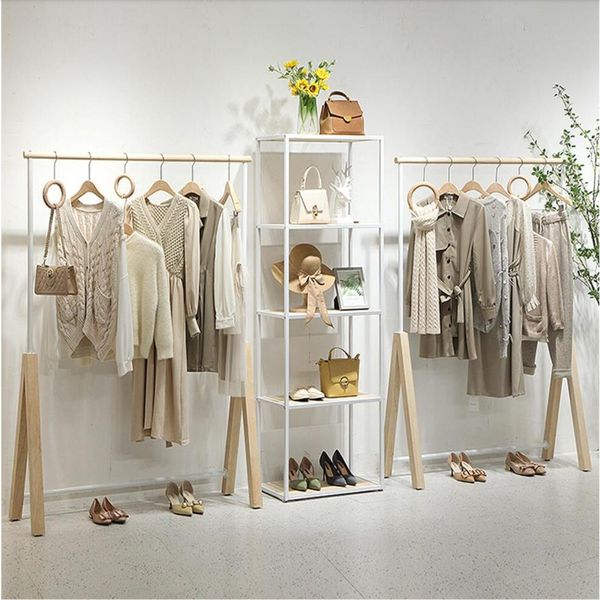 Loja de roupas expositor comercial móveis feminino loja de pano pendurado organização sapato saco racks pouso contra a parede clo3484