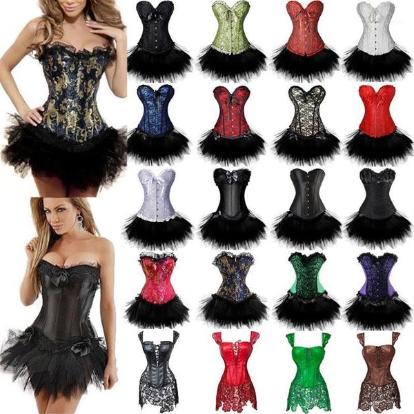 Bustiers Corsets Women Sexy Burlesco Overbust Corset Bustier Top com mini saia tutu vestidos de fantasia vestido gótico269q