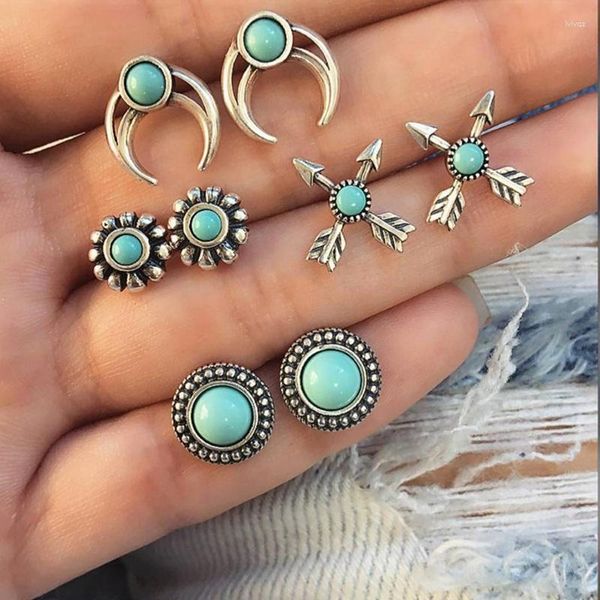 Saplama Küpe 8pcs/Set etnik rüzgar düğün mücevherleri bohemia mavi yuvarlak reçine opal cazibesi metal dümen çamı kadınlar için